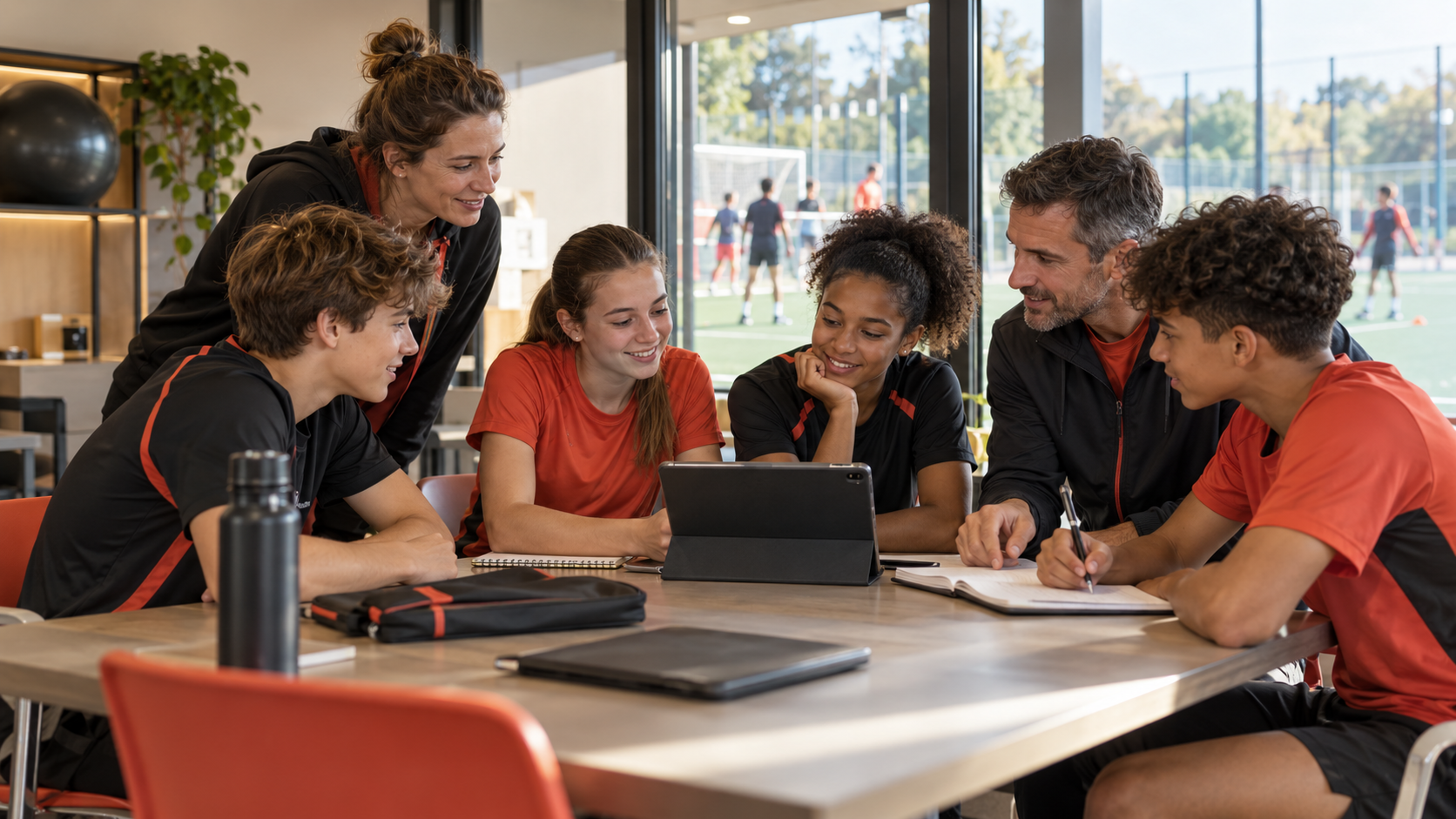 Jóvenes deportistas aprendiendo con dos educadores en un club deportivo